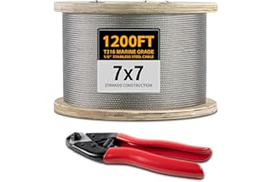 UYENSEOY 1/8" Stainless Steel Cable for Deck Cable Railing System, 1200FT Wire Rope with Cutter 7x7 Strand, Aircraft Cable 1800 lb Breaking Strength, Cable for Railing, Fence, DIY Balustrade