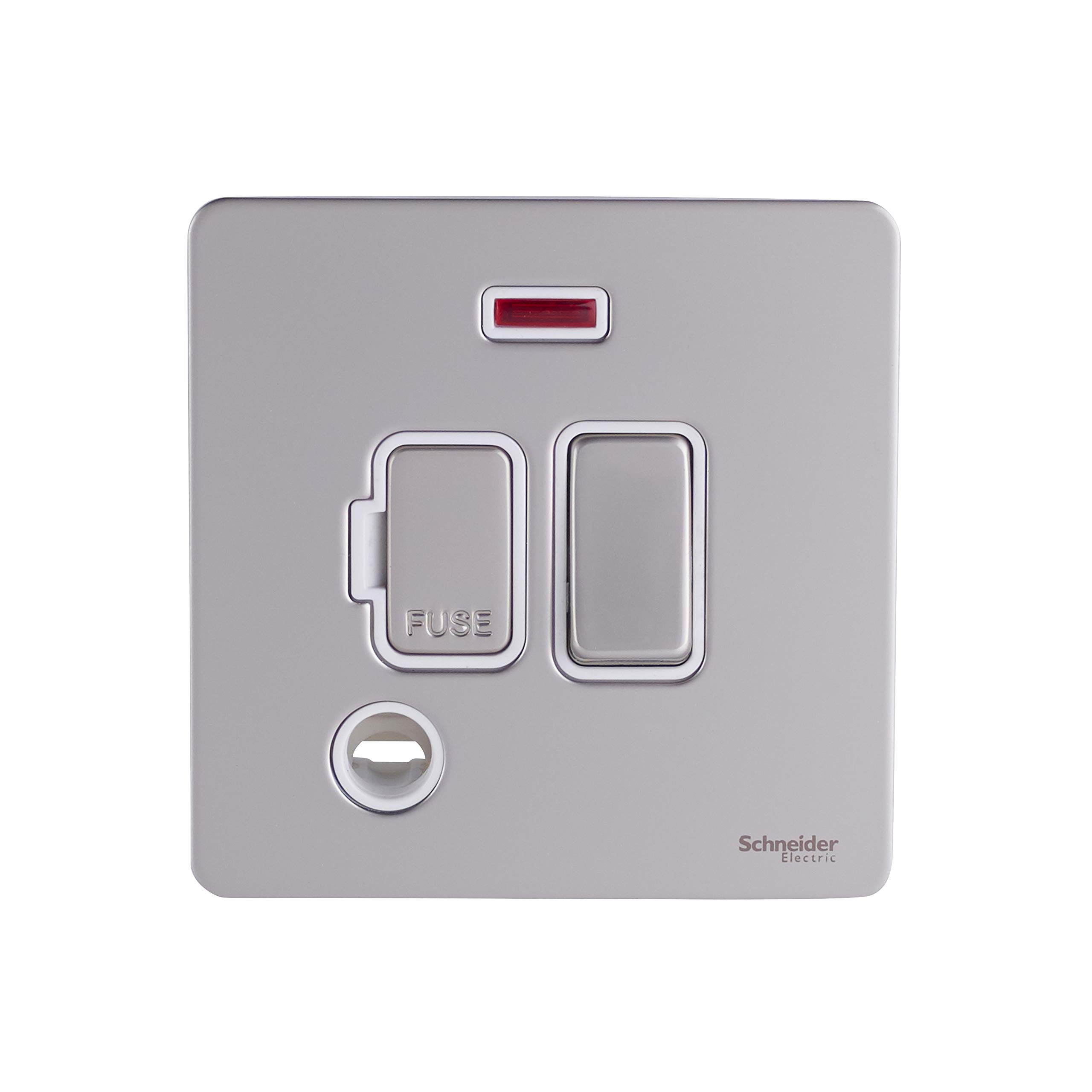 Schneider Electric Ultimate Screwless Flat Plate - Switched Fused Connection Unit, with LED Neon Indicator and Flex Outlet, 13A, GU5414WPN, Pearl Nickel with White Insert — image 1