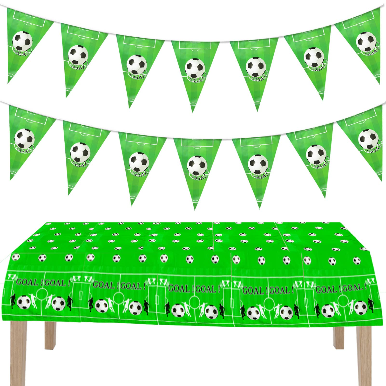 220*130cm Football Party Disposable Tablecloths With 2.5Meters Triangle Flags Banner GOAL World Cup Soccer Party Bunting Plastic Tablecloth,World Cup UK Football Tablecover for Boys Football Game