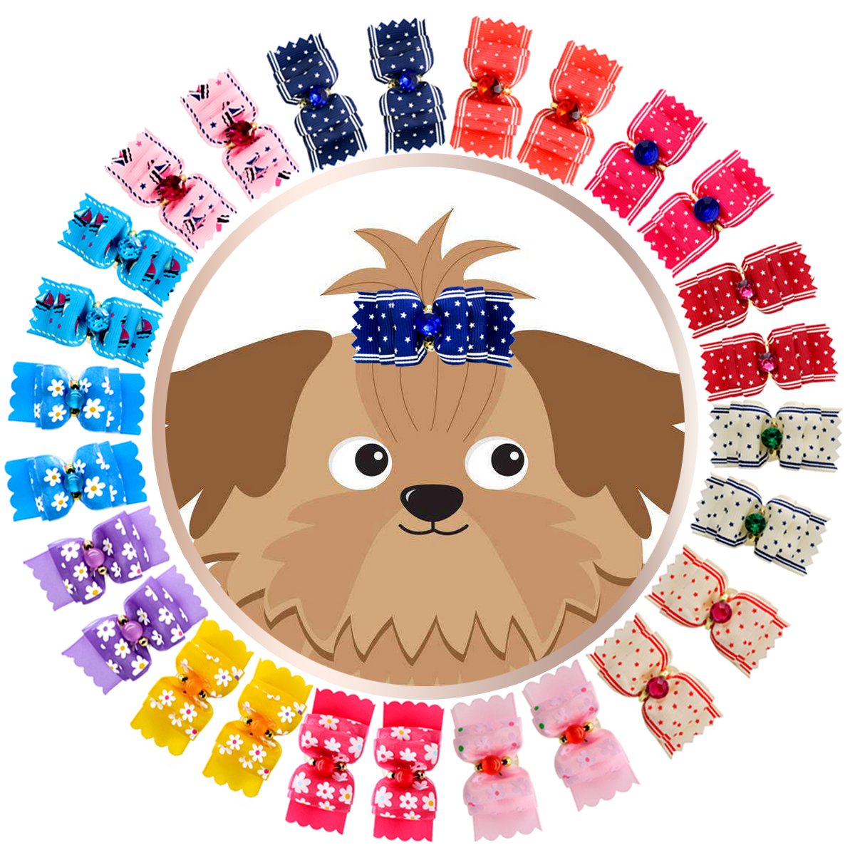 HOLLIHI 24pcs / 12 Pairs Adorable Grosgrain Ribbon Pet Dog Hair Bows with Rubber Bands - Puppy Topknot Cat Kitty Doggy Grooming Hair Accessories Bow knots Headdress Flowers Set for Groomer