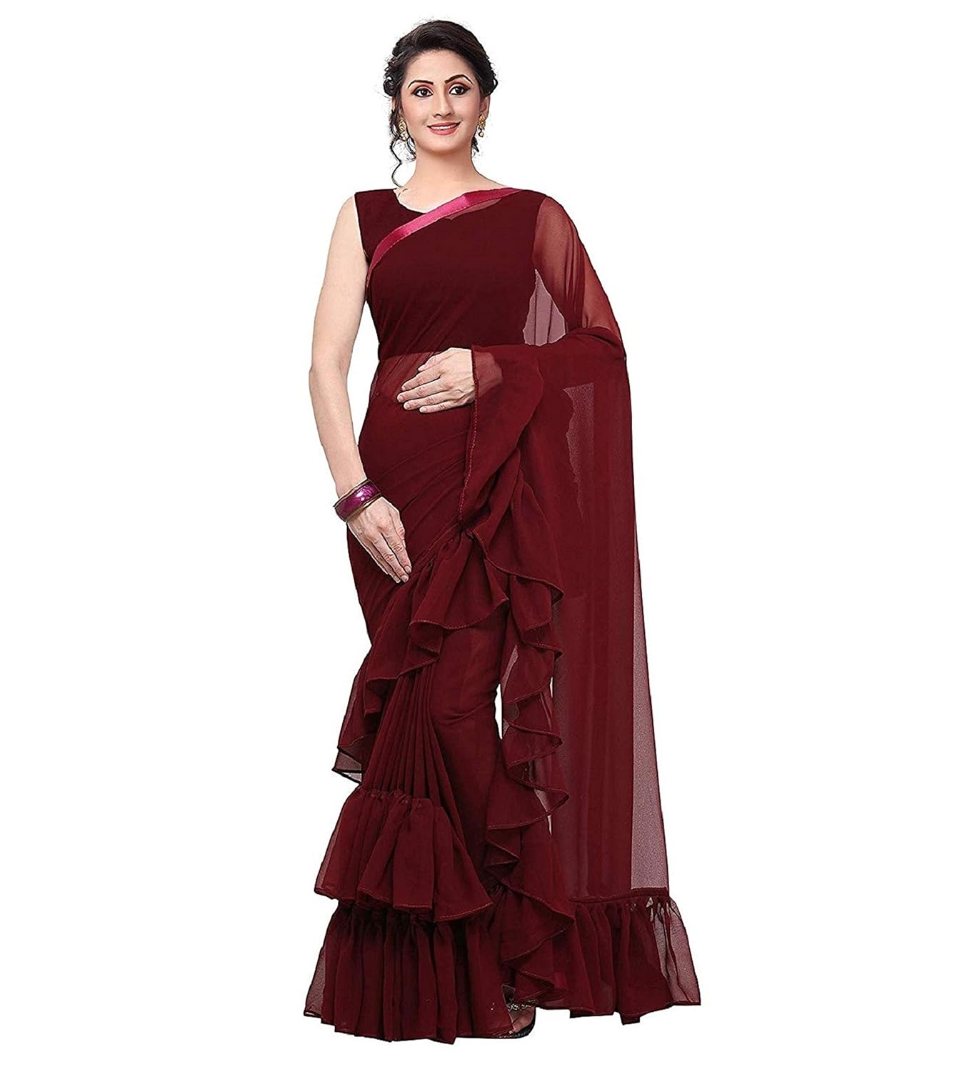 magneitta women's georgette solid ruffle saree