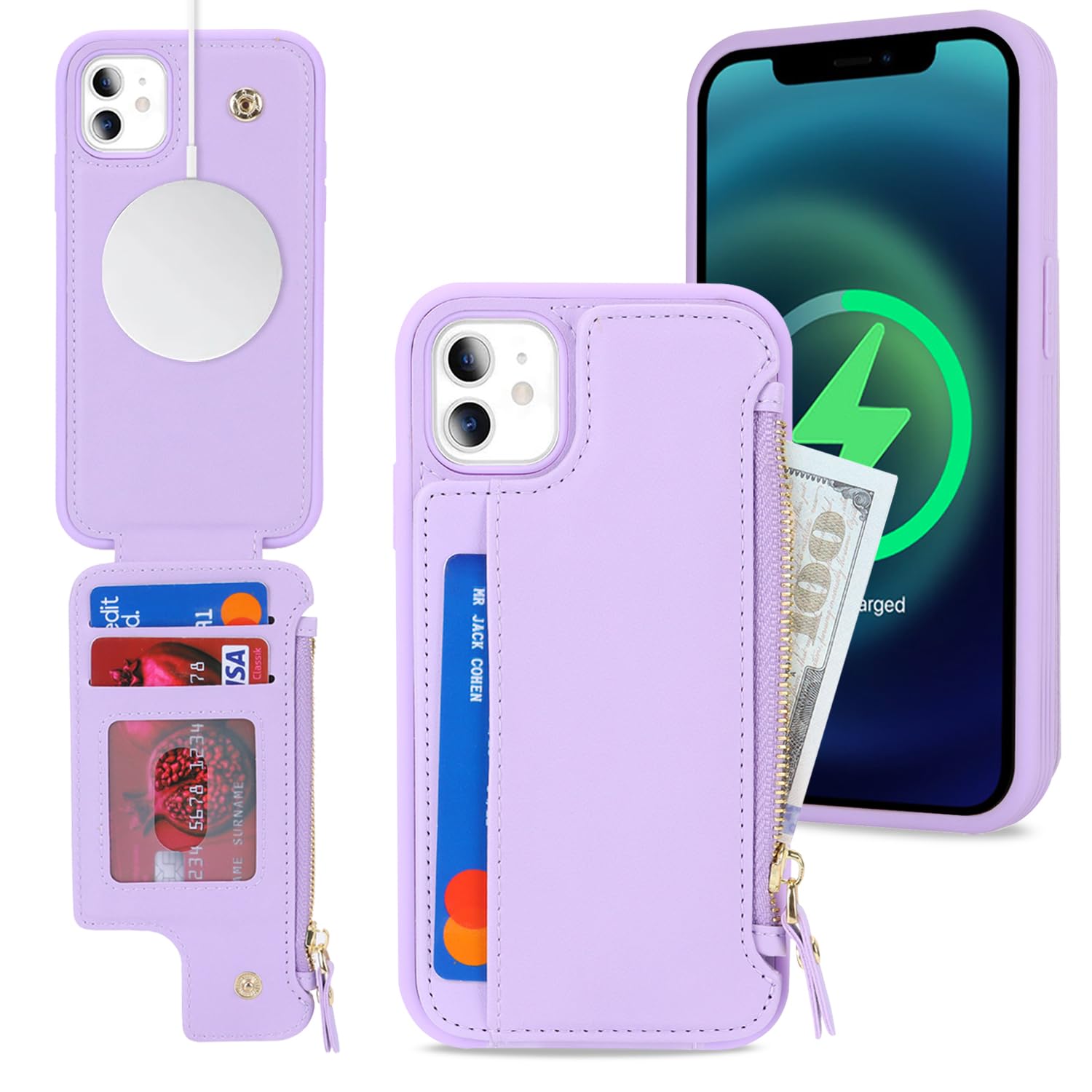 SailorTech iPhone 11 Case with Credit Card Holder magsafe, iPhone 11 Phone Leather Case Wallet for Women Compatible mag safe Card Slots Zipper Shockproof Case for Men - Purple โ image 1