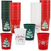 Christmas Party Cups - Set of 24 Plastic Stadium Cups 16oz, Red Green & White Holiday Drinking Cups with 4 Fun Designs for Xmas Party Supplies
