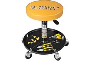 YELLOW JACKET Rolling Mechanic Stool with Wheels Pneumatic Garage Shop Seat Adjustable Height Roller Mechanics Creeper Chair with Tool Tray for Auto Repair