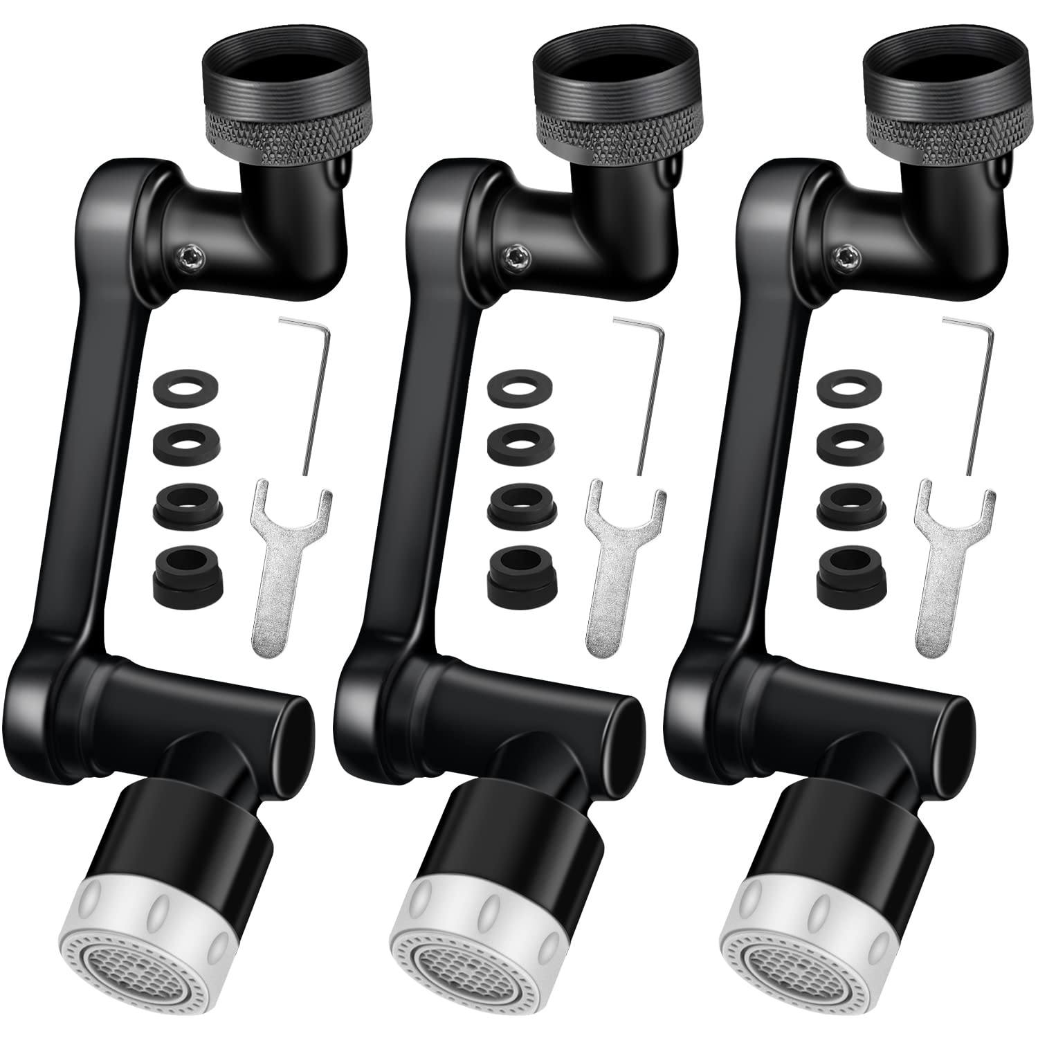 SELORSS 1080° Swivel Tap Aerator, Solid Brass Rotatable Faucet Extender, Universal Splash Filter With 2 Water Outlet Modes, Water Saving for Kitchen Bathroom-Black (3 PCS)