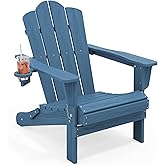KINGYES Folding Adirondack Chair, HDPE All-Weather Patio Chairs with Cup Holder, Wooden Textured Fire Pit Chairs for Poolside, Backyard, Deck, Navy