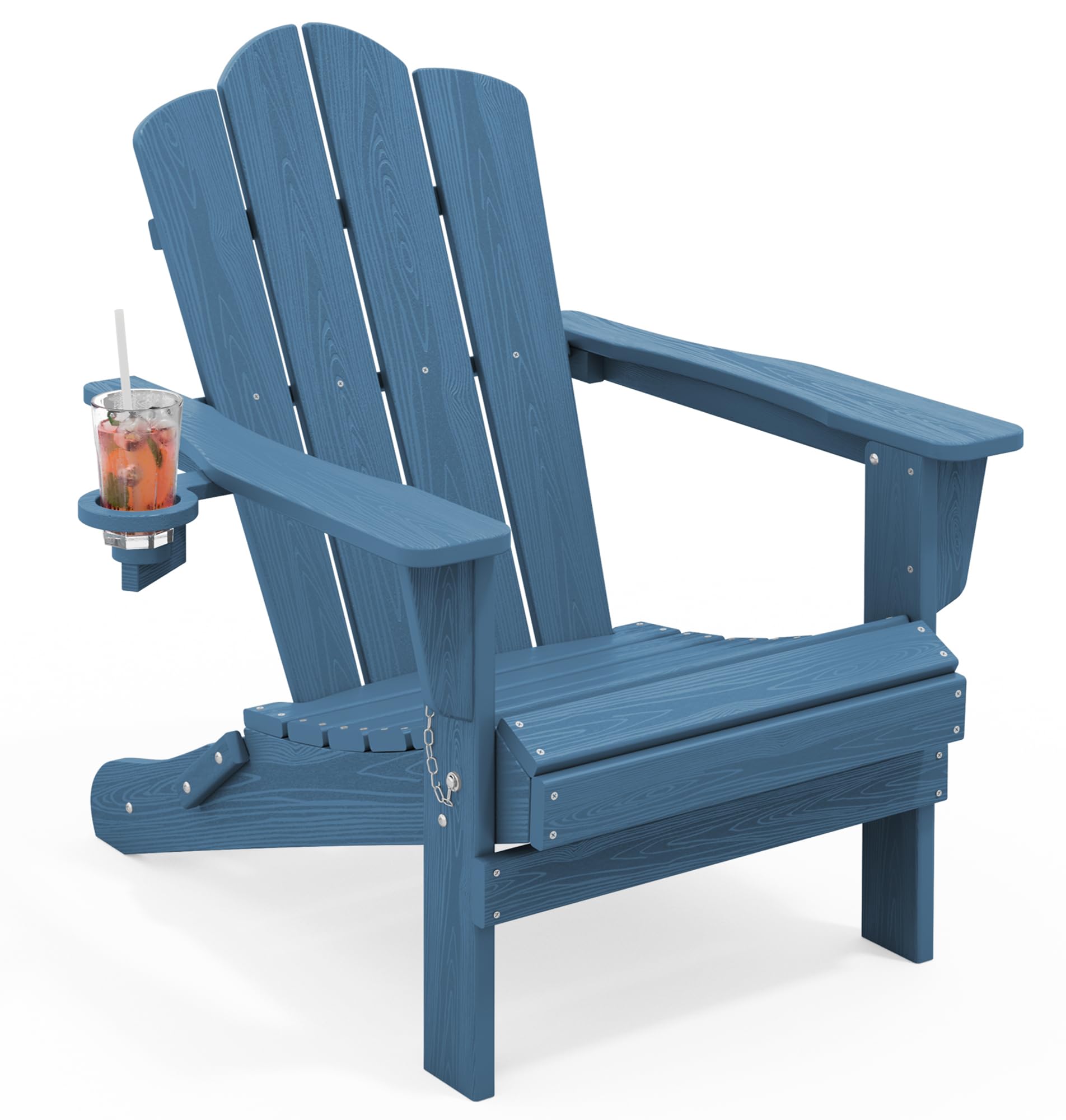 KINGYES Folding Adirondack Chair, HDPE All-Weather Patio Chairs with Cup Holder, Wooden Textured Fire Pit Chairs for Poolside, Backyard, Deck, Navy Image