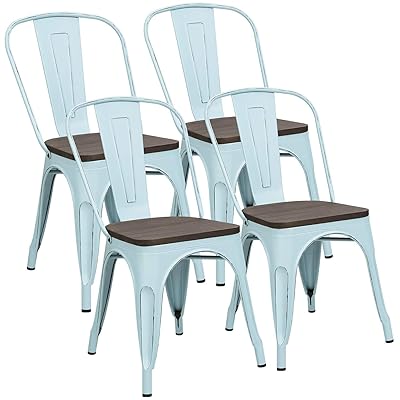 Metal Dining Chairs with Wood Seat Set of 4 Stackable Blue