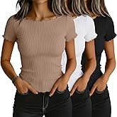 Riyiper 3 Pack Women's Boat Neck Ribbed Tops Lettuce Trim Short Sleeve T-Shirts Crop Fitted Summer Basic Tees Shirt