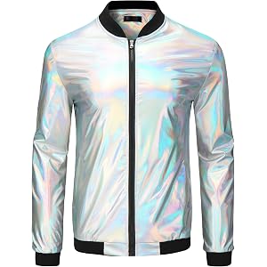 Metallic Varsity Silver Holographic Jacket for Men's Zip Up Long Sleeves Shiny Silver Bomber Jacket X-Large