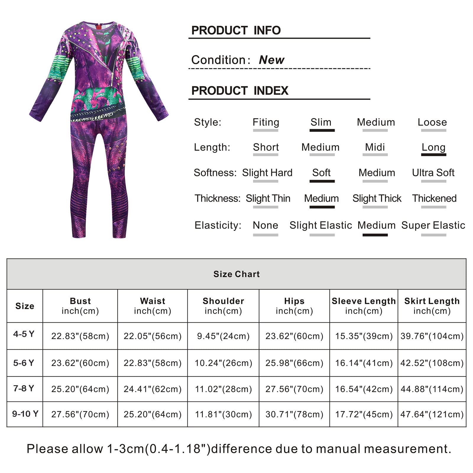 WonderBabe Mal Costume Girls Popular Musical Cosplay Kids Long Sleeve Jumpsuit Halloween Party Outfit