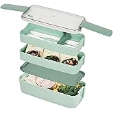Bento Tek 30 Ounce Bento Box, 1 Stackable 3 Compartment Lunch Container - With Fork And Knife, Does Not Contain BPA, Green Plastic Reusable Lunch Box, Microwavable, Dishwashable - Restaurantware