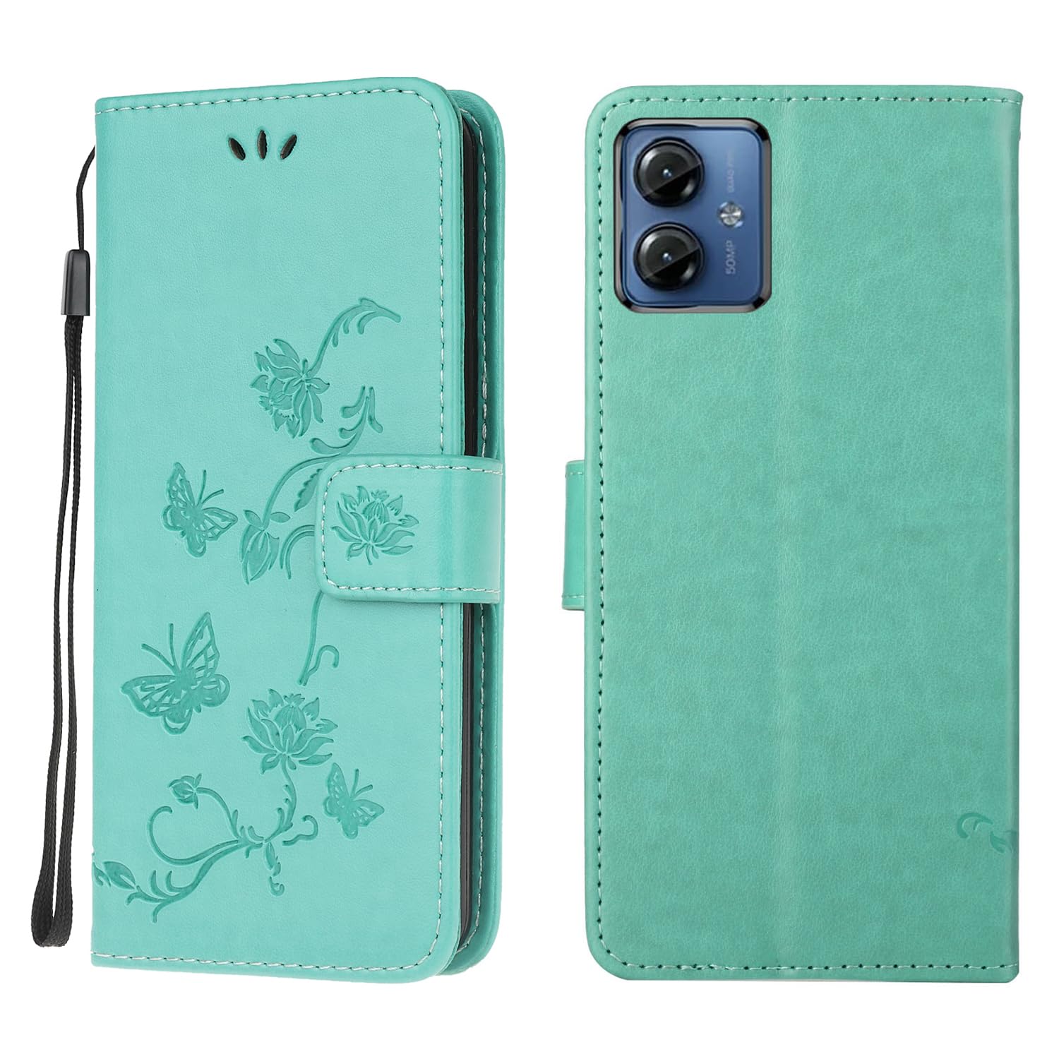 Wuhaizher Motorola Moto G14 Case Shockproof Leather Wallet Book Flip Folio Magnetic Clasp Stand View Case for Motorola Moto G14 Phone Cases Shockproof Cover Cute Lotus Pattern, Green