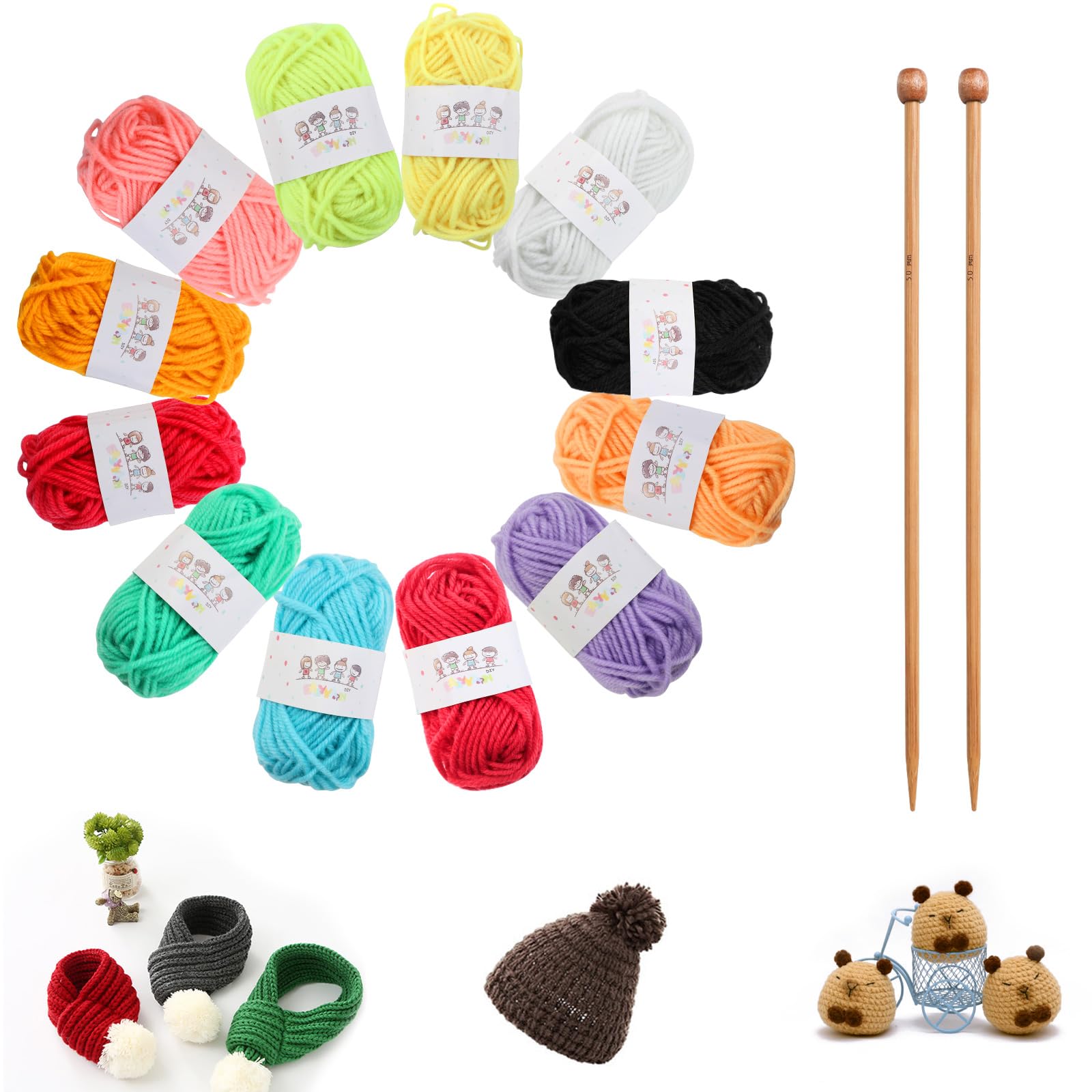 Lekeeu Knitting Kit for Beginners Adults Children - 12 Colours Yarn & 2 Bamboo Knitting Needles