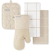 KITCHENAID Quilted Cotton Terry Cloth Oven Mitt, Pot Holder, Kitchen Towel 4-Pack Set, Heat Resistant, Silicone Grip, 16"x26", 7"x13" & 7"x10", Milkshake