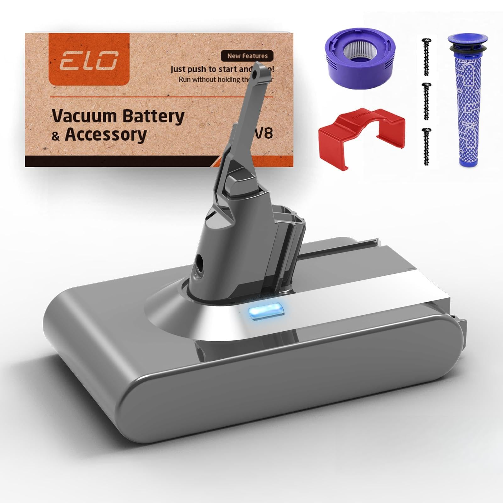 Photo 1 of ELO V8 Battery Replacement with Built in Trigger Lock Compatible with Dyson V8 Animal Battery Replacement V8 Absolute V8 Motorhead V8 Fluffy SV10 Carbon Fiber Vacuum Cleaner 2 Filters Included