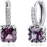 Desnuage Zircon Hoop Earrings for Women - Sterling Silver Square Drop Dangle Earrings with Cubic Zirconia, Hypoallergenic Birthstone Jewelry