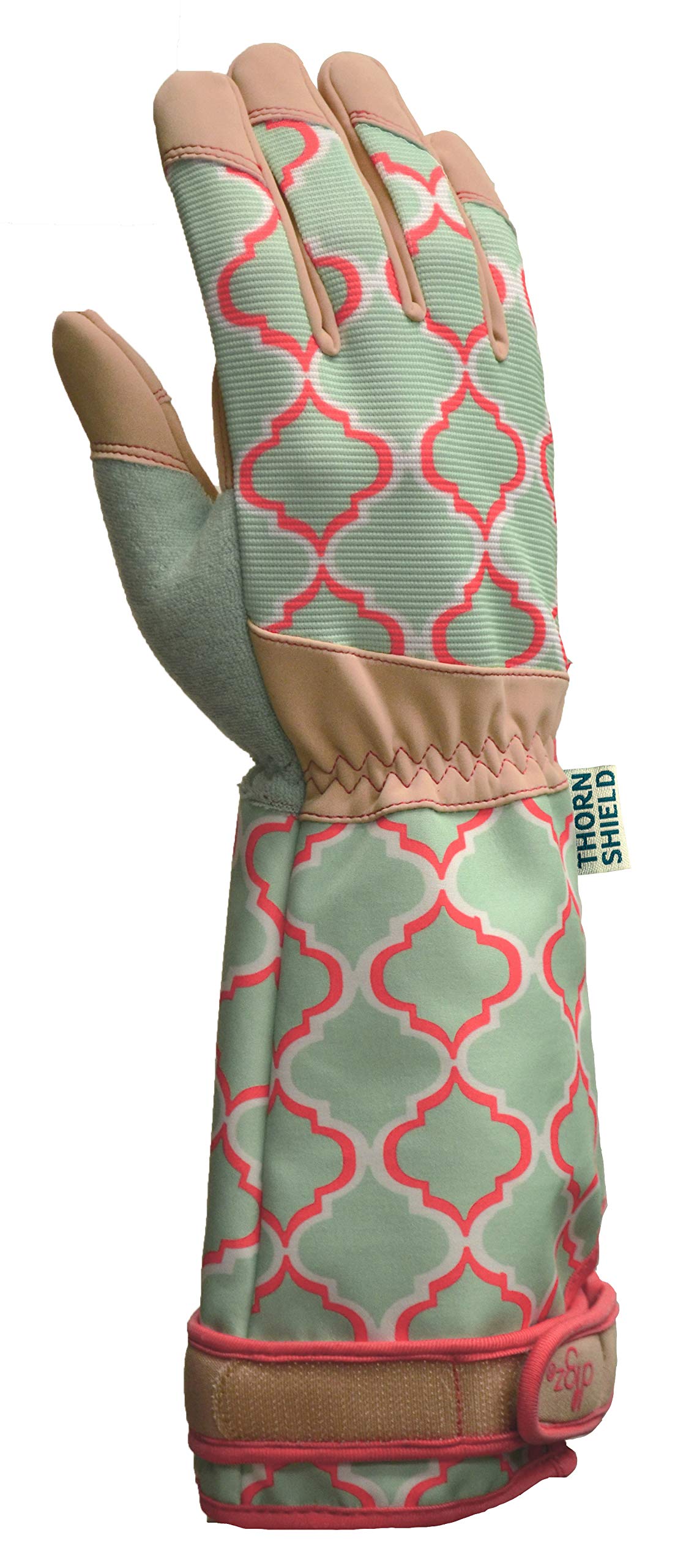 DIGZ Rose Pruning Vegan Leather Garden Gloves, Long Forearm Protective Cuff with Touchscreen Compatible Finger Tips, Red Geometric Pattern, Large