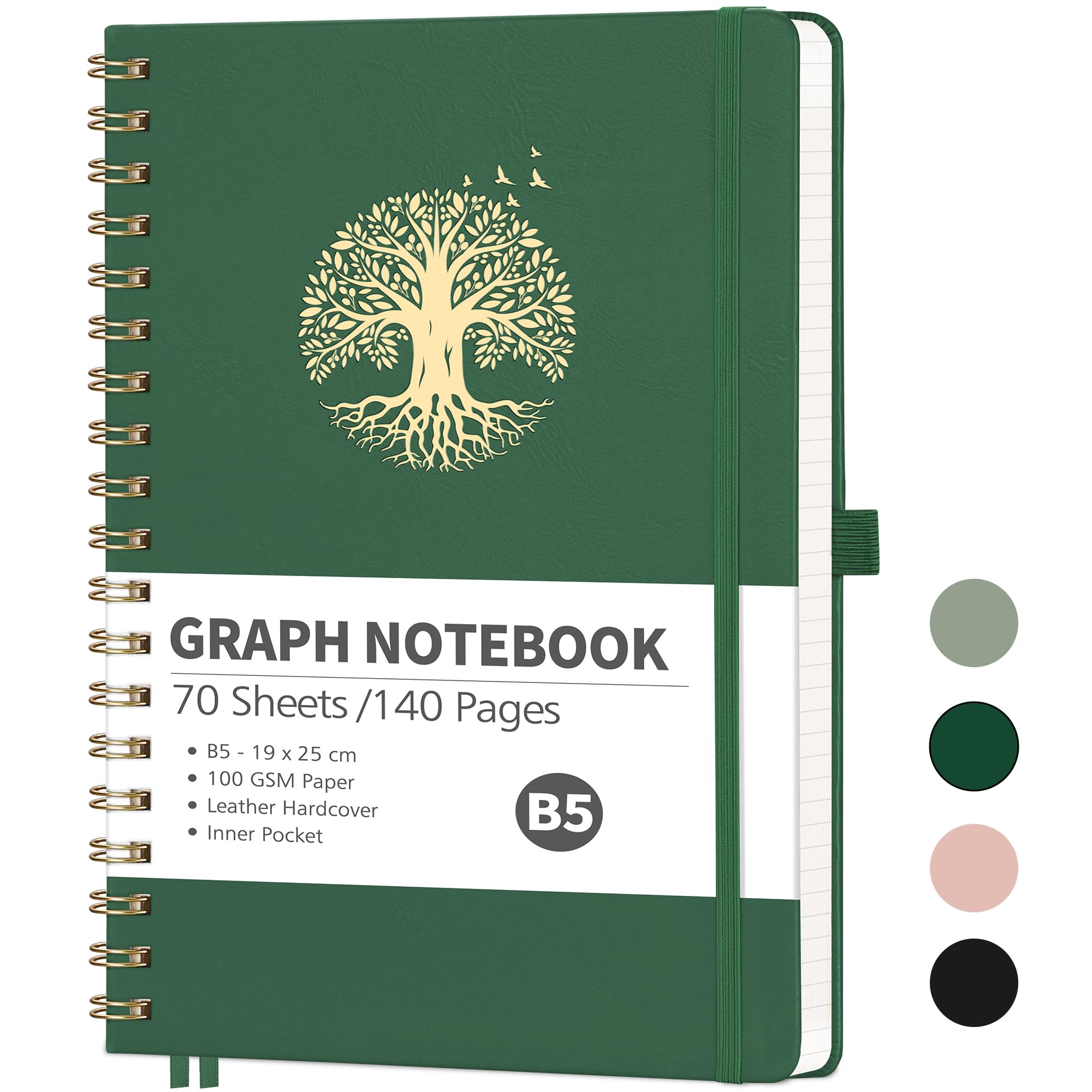 RETTACY B5 Notebook-Graph Grid Wirebound Journal,Note Pad for Women Men Work Office School 140 Pages,Bookmark,Pocket,Sticky Notes,Pen Loop,19 x 25 cm - DarkGreen