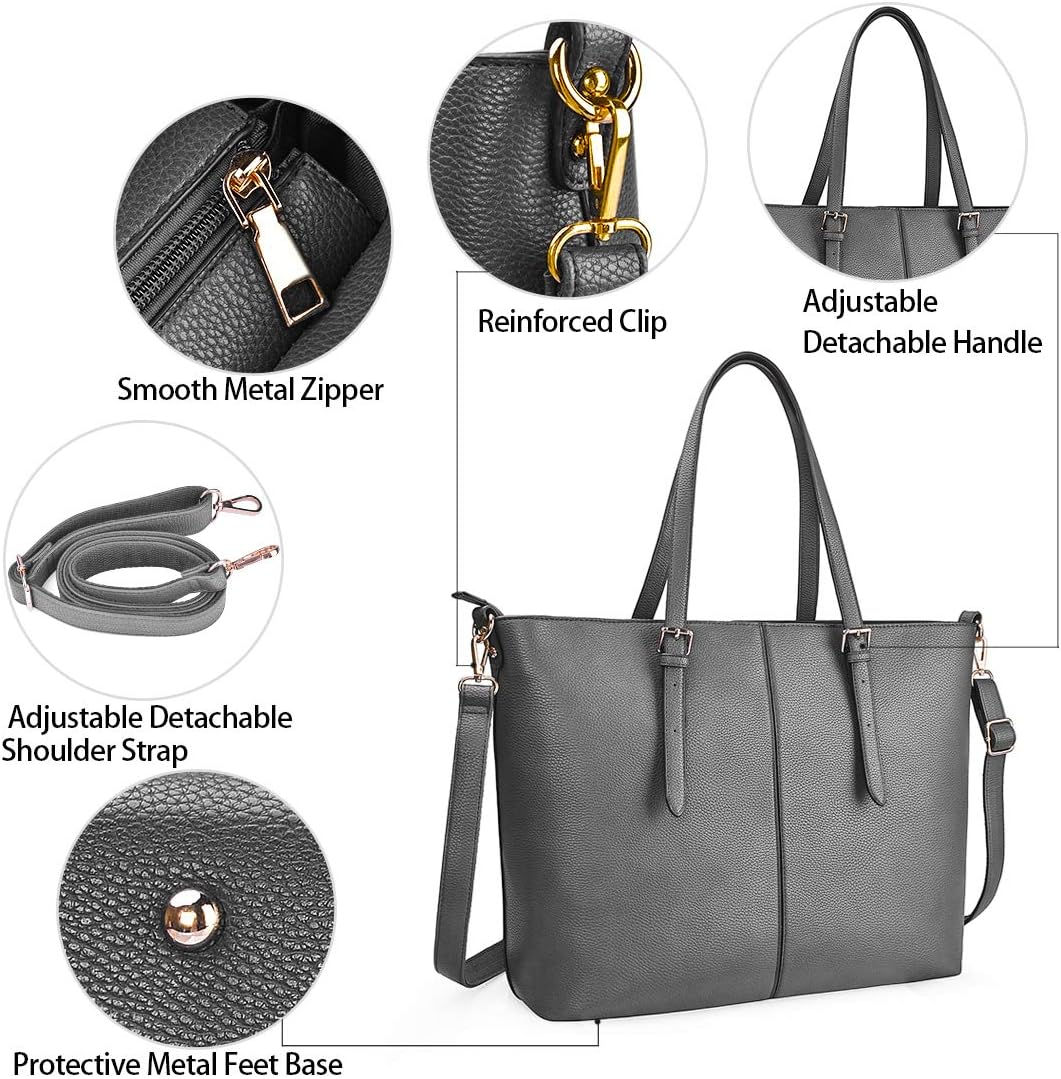 NUBILY Women Handbag Laptop Tote Bag 15.6 Inch Large Leather Shoulder Bag Designer Lightweight Computer Tote Bag Lady Stylish Handbags for Work Business School College Travel (Grey) - Image 3