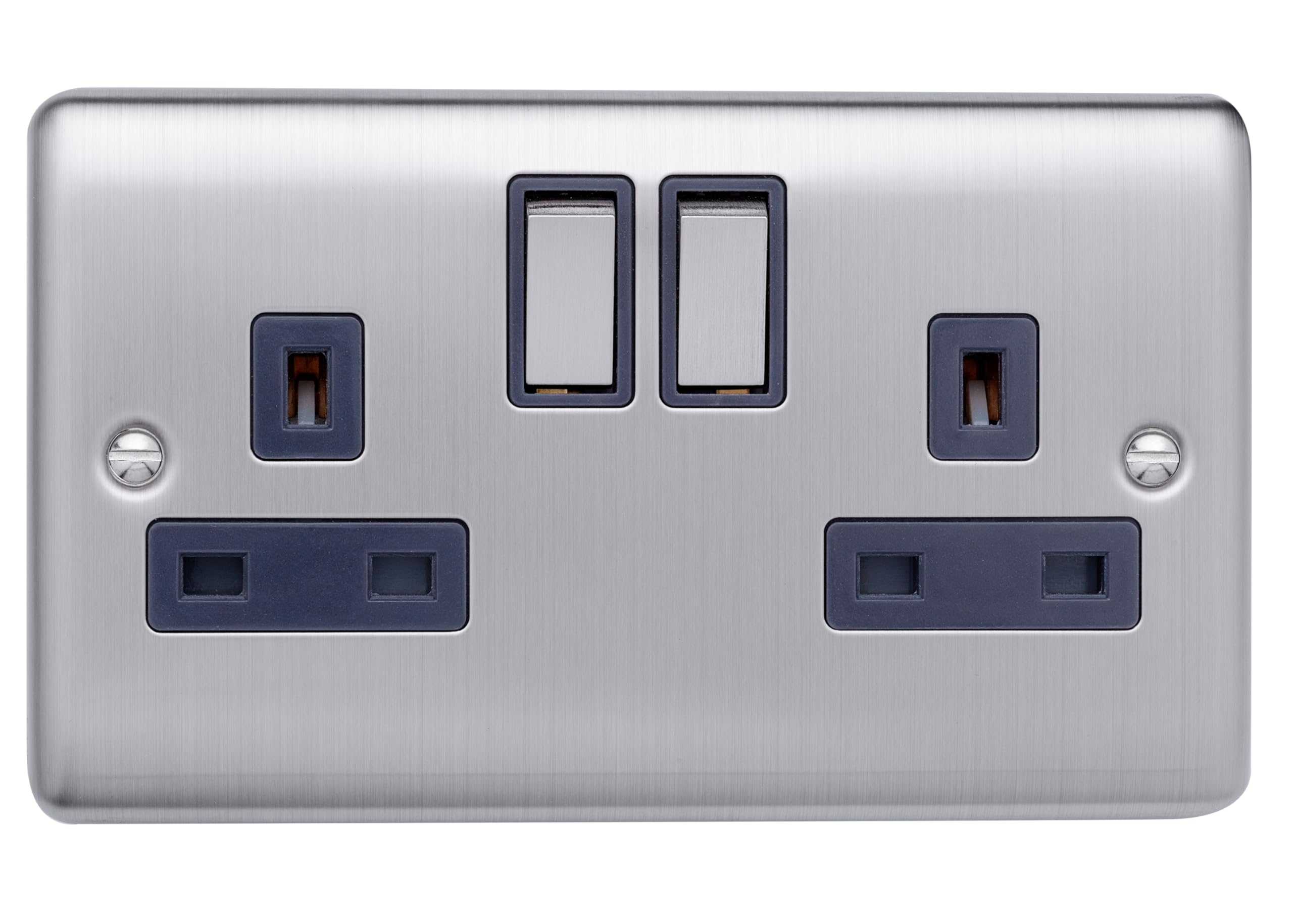 Caradok 13A 2 Gang Switched Socket, Double Pole Brushed Chrome