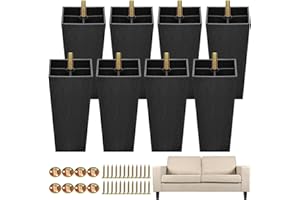 TURSTIN 8 Pack 5.7 Inch Furniture Legs Plastic Sofa Couch Legs Square Tapered Feet Sofa Legs with M8 T-Nuts Screws for Legs Sofas Chairs Cabinets Dressers Beds, Black