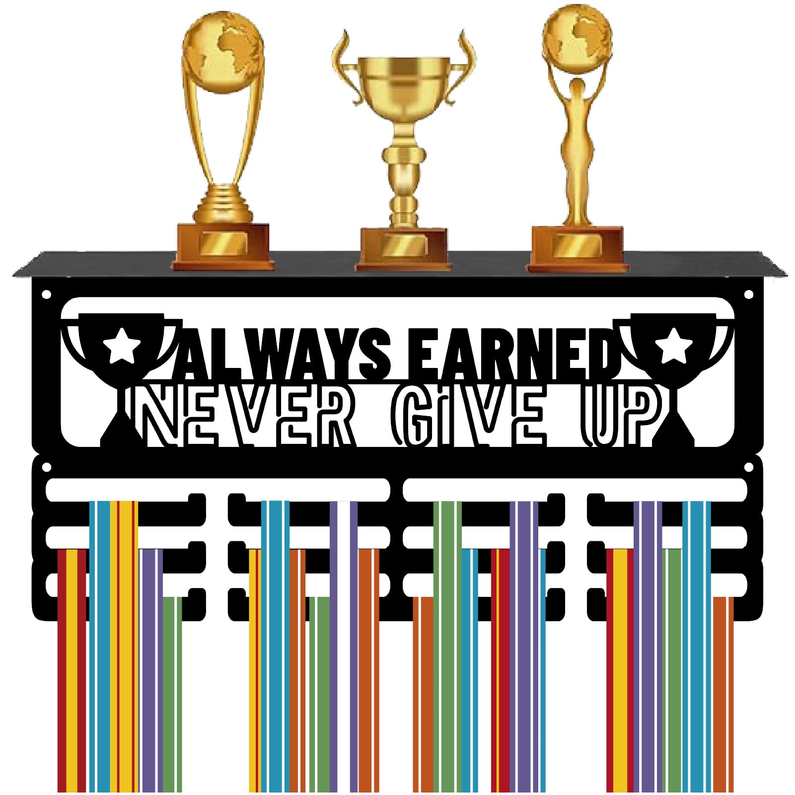 CREATCABIN Never Give Up Medal Hanger Display Trophy Shelf Medal Holder with Shelf Stand Sports 3 Rows Metal Hanging Wall Mount Hold 70+ Medals for Running Competition Ribbon Medals Rack 15.7x7.9Inch