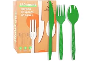 FULJOOY 180Pcs Green Plastic Silverware Heavy Duty Plastic Cutlery Set Heavyweight Disposable Flatware Includes Spoons Forks Knives Utensil Cutlery Set for Wedding Birthday Party Supplies Everyday Use