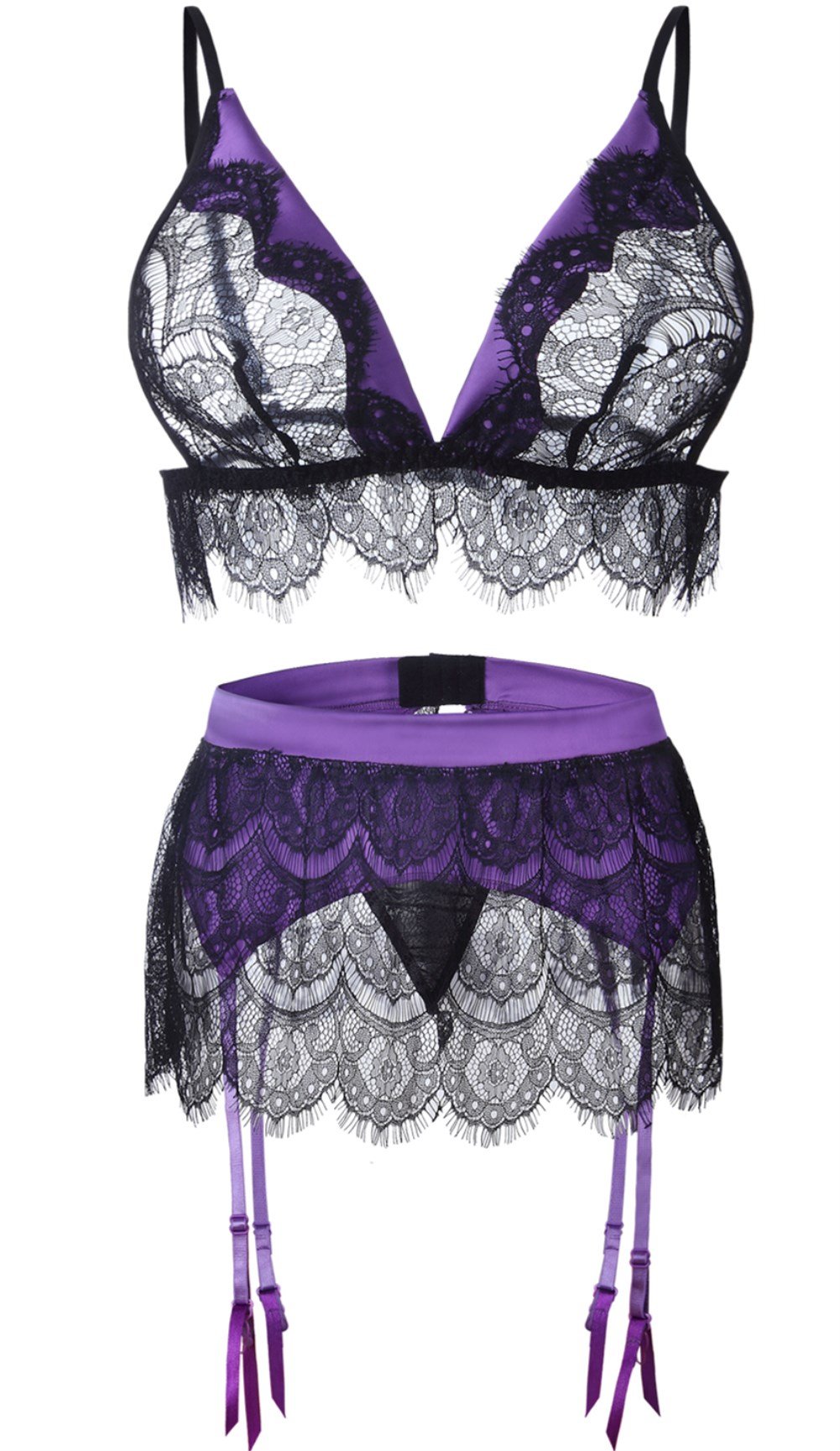 LamourLove Sexy Lingerie Lace Bra Set Womens Babydoll Black Purple Scalloped Bralette Set with G-String Garter Belt(X-Large)