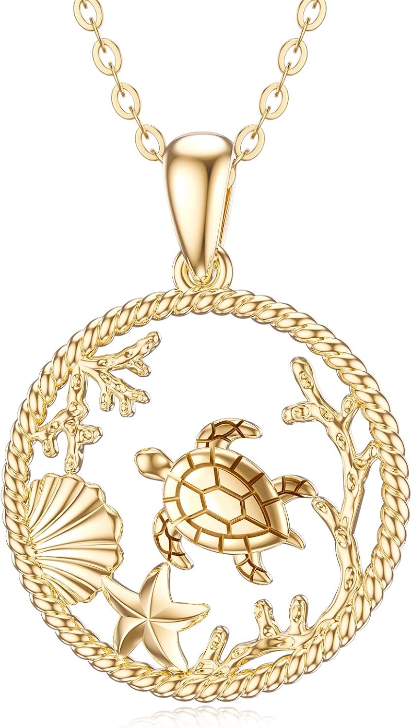 Yafeeso Solid 14K Gold Sea Turtles Necklace for Women Sea
