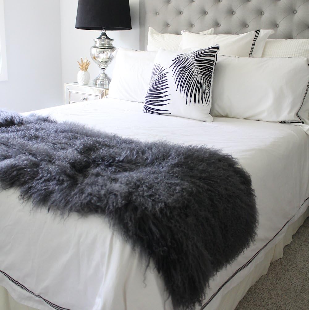 ELuxury Home Genuine Grey Tibetan Mongolian Sheepskin Lambskin Bed Scarf Runner Throw 19x51 / 50x130cm Single Double Bed