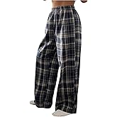 GORGLITTER Women's Plaid Elastic Waist Wide Leg Pajama Pants Fall Casual Flannel Tartan Gingham Long Lounge Pants