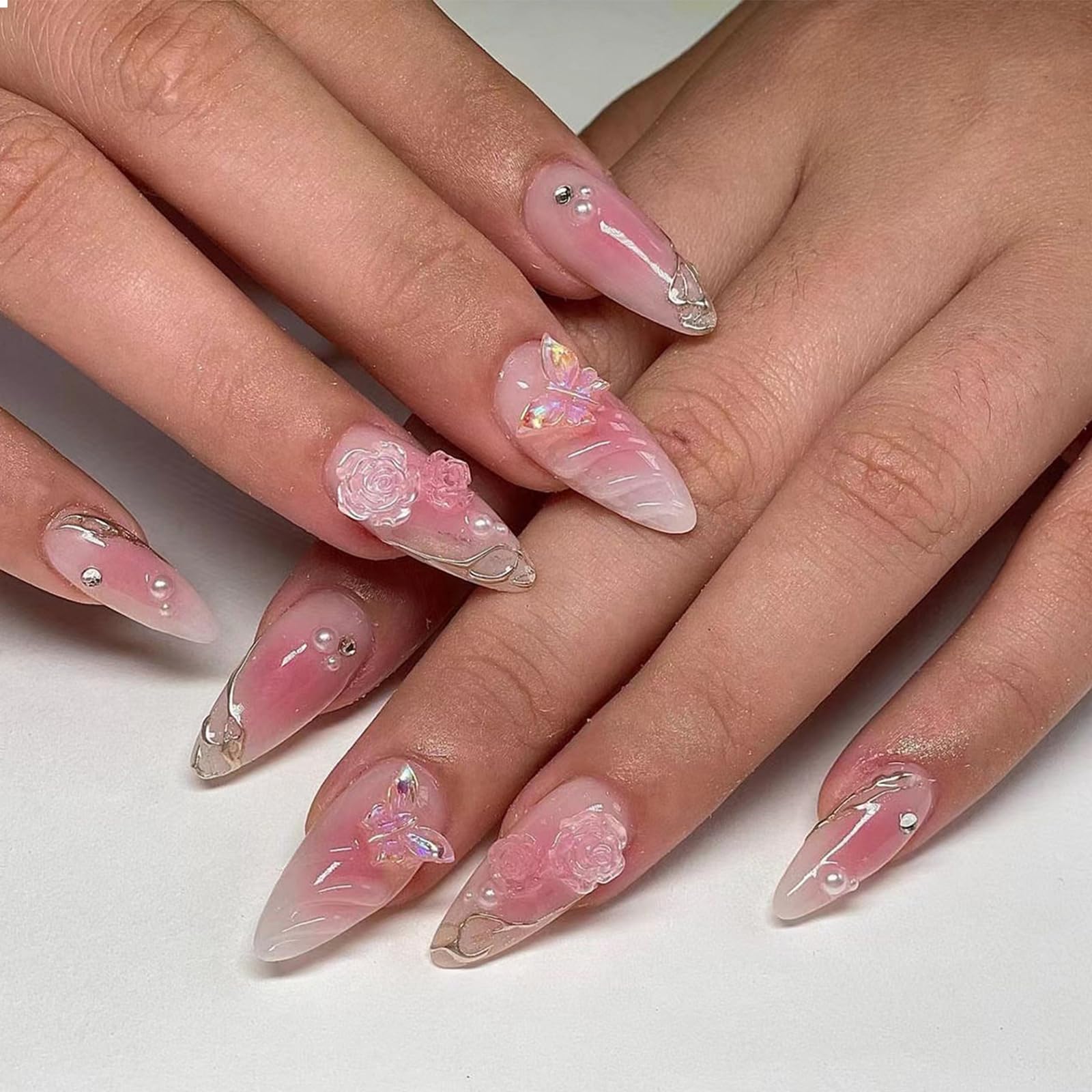 GlamRays 24 Pink Almond Shaped False Nails With 3D Flowers And Butterfly Design, Glossy Finish, 24 Pieces