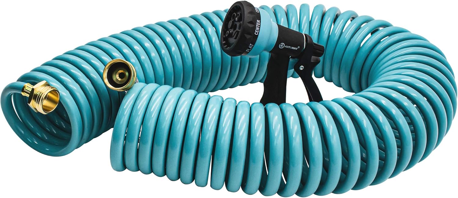 AUTOMAN-Garden-Water-Hose-Recoil,50 Feet EVA Curly Water Hose with Brass Connectors,Watering Hose Coil,Includes 7-Pattern Function Sprayer,Retractable,Corrosion Resistant Garden Coil Hose.: Home Improvement