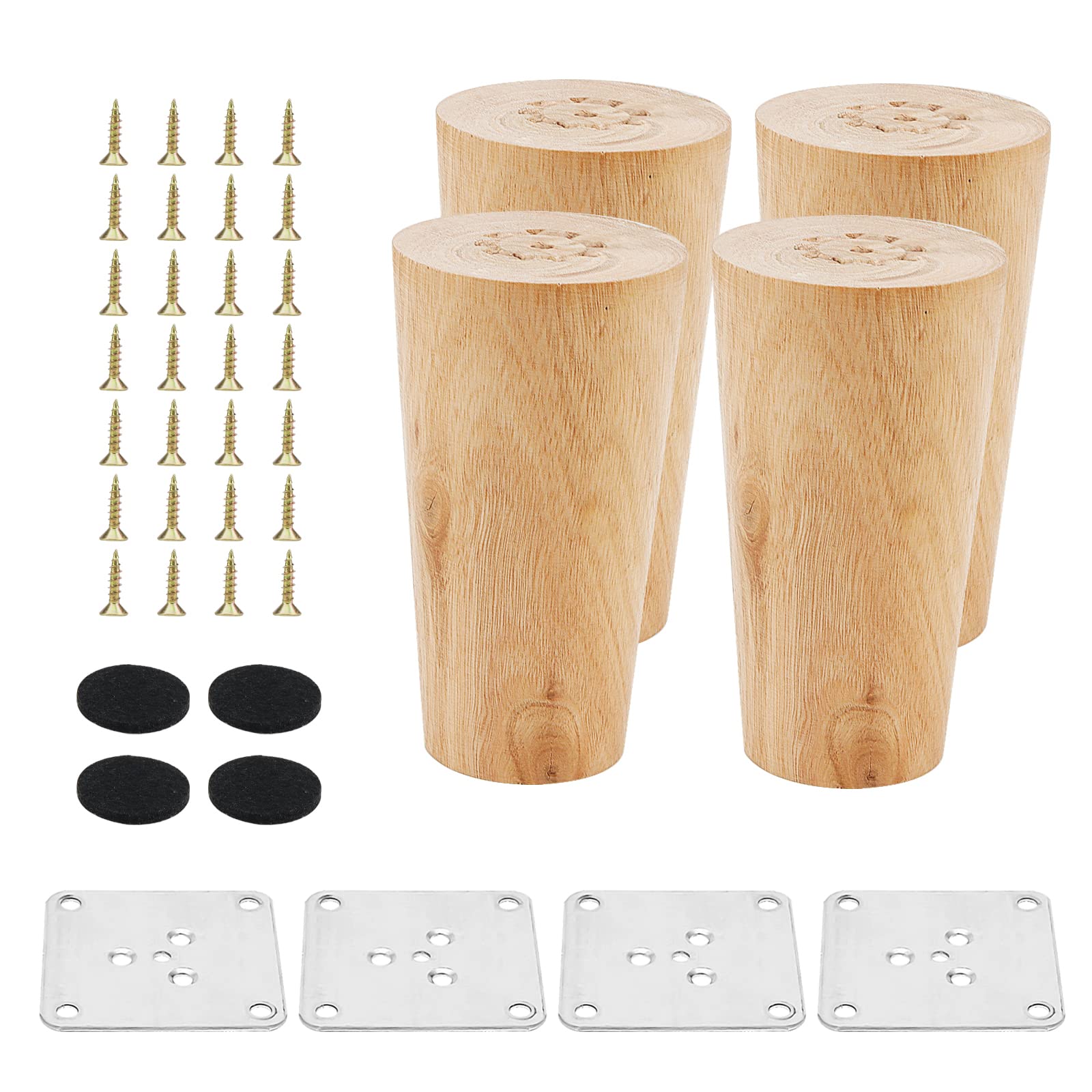 MANCHAP 4 PCS 10cm/4 Inch Wooden Furniture Legs, Wood Sofa Legs with Mounting Plate, Screws and Anti-Slip Mats, Solid Wood Furniture Feet for Dresser