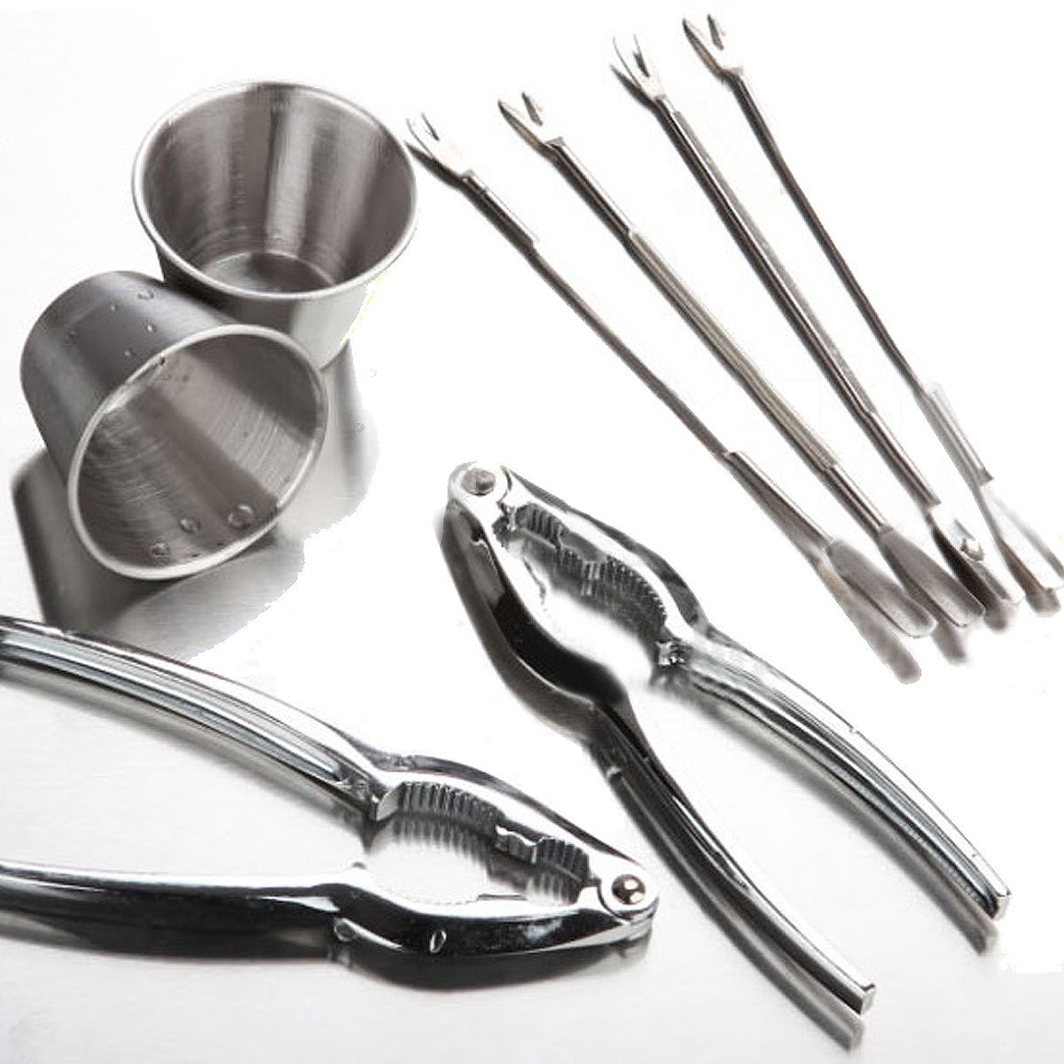 The Wolf Moon® Seafood Tool Kit, 8 Piece Includes 2 x Lobster Crackers + 4 x Stainless Steel Seafood Forks + 2 x Stainless Steel Individual Condiment Sauce Cups
