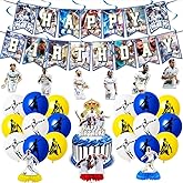 KGNZUIZIU Madrid CF Birthday Party Decorations, Soccer Theme Birthday Banner, Cake Topper, 18 Latex Balloons, 6 Hanging Swirls, 3 Party Centerpieces in Blue, White, Yellow, Red