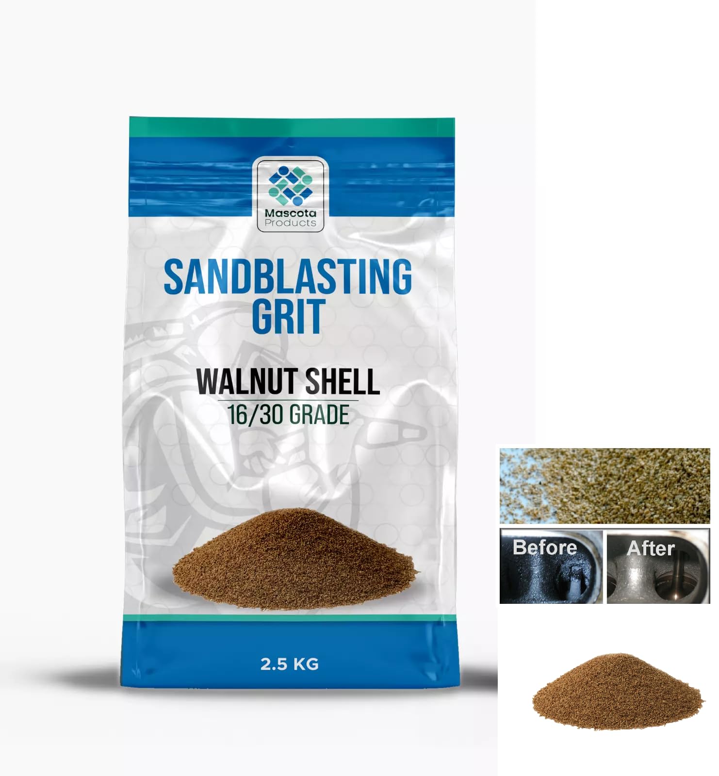 Walnut Shell Blast Media 16/30 (0.5mm) – Eco-Friendly Sandblasting Grit for Cleaning Car Engines, Cylinder Heads, 2.5kg by Mascota Products