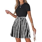 CUPSHE Women's Floral Paisley Mini Beach Dress Crew Neck Short Sleeve Belted Tie A Line Stripe Mini Summer Dresses