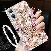Changjia for iPhone 16 Glitter Bling Case, Cute Luxury 3D Sparkle Crown Crystal Rhinestone Diamond Stunning Gemstones Pearl with Lanyard Wrist Strap Women Girls Phone Case for iPhone 16 6.1" (Silver)