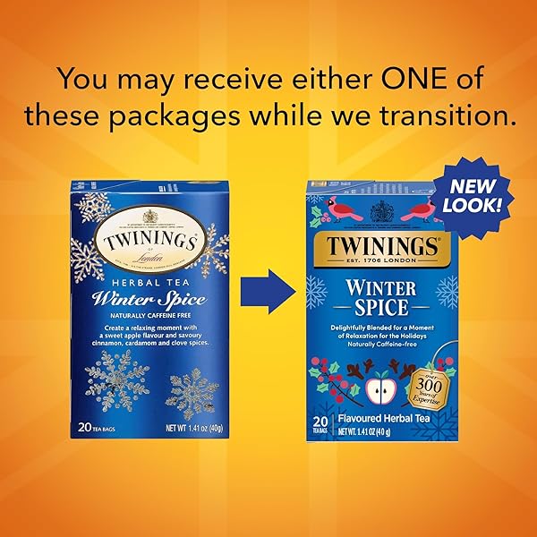 TWININGS WINTER SPICE HERBAL TEA INDIVIDUALLY WRAPPED, 20 COUNT (PACK OF 1), CAMOMILE, APPLE, CINNAMON, & CLOVE, NATURALLY CAFFEINE-FREE, ENJOY HOT OR ICED, 20 TEABAGS