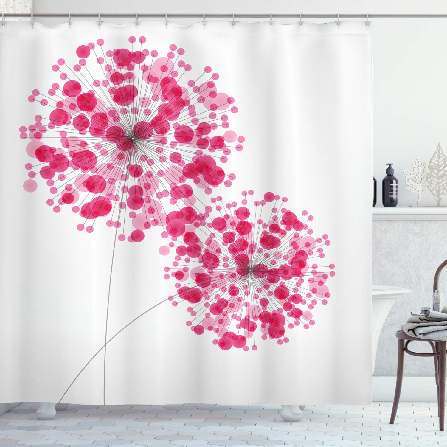 ABAKUHAUS Pink Shower Curtain, Conceptual Dandelion Design Bouquet Modern Flower Arrangement Gardening Plant Romantic, Cloth Fabric Bathroom Decor Set with Hooks, 70 Inches, Pearl Pink