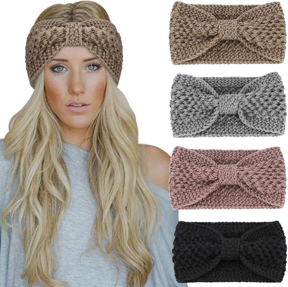 DRESHOW 4 Pack Crochet Knit Turban Headband Warm Bulky Crocheted Head Wrap Headband Ear Warmer for Women