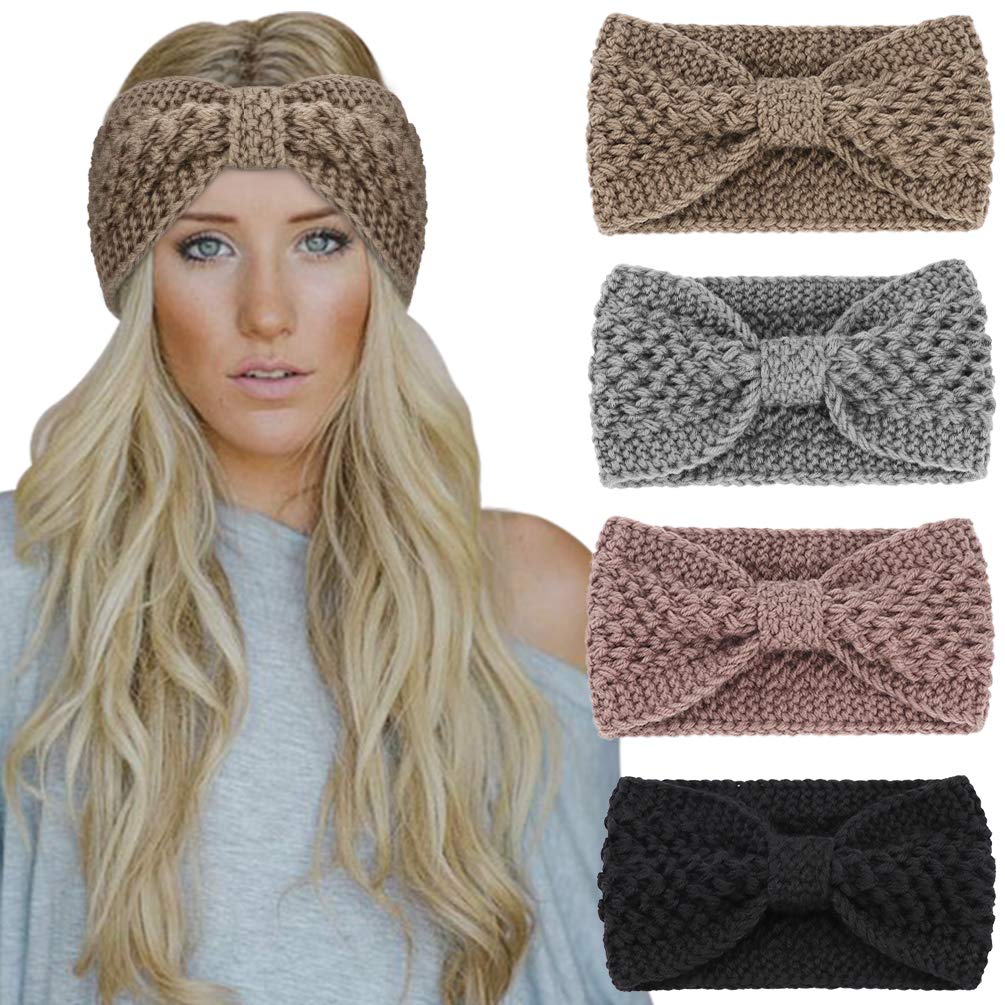 DRESHOW 4 Pack Crochet Knit Turban Headband Warm Bulky Crocheted Head Wrap Headband Ear Warmer for Women