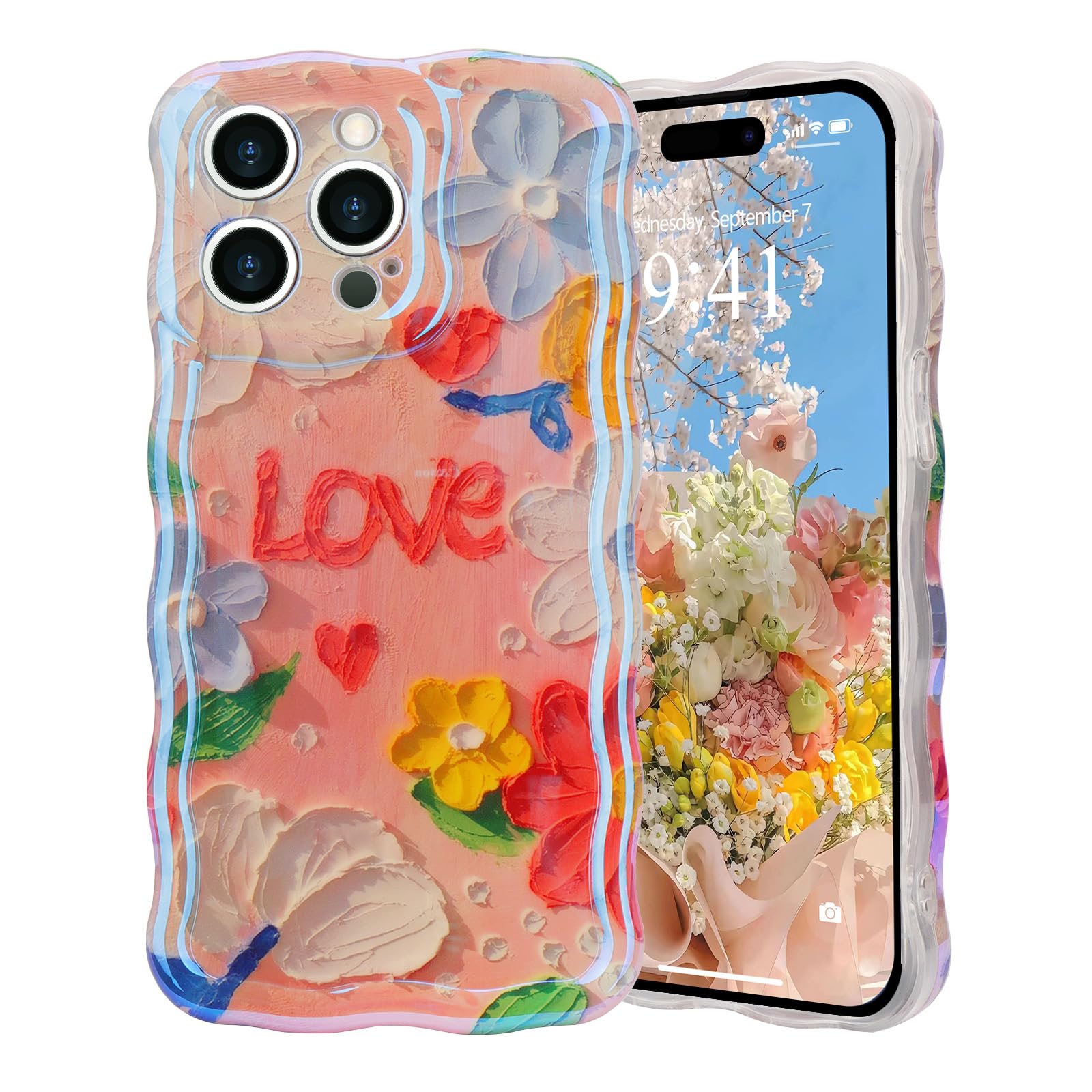 LAPOPNUT for iPhone 14 Pro Case,Colorful Flower Cute Curly Wave Frame Phone Case for Women and Girls,Floral Oil Painting Glossy Pattern Soft TPU Shockproof Cover for iPhone 14 Pro 6.1",Love