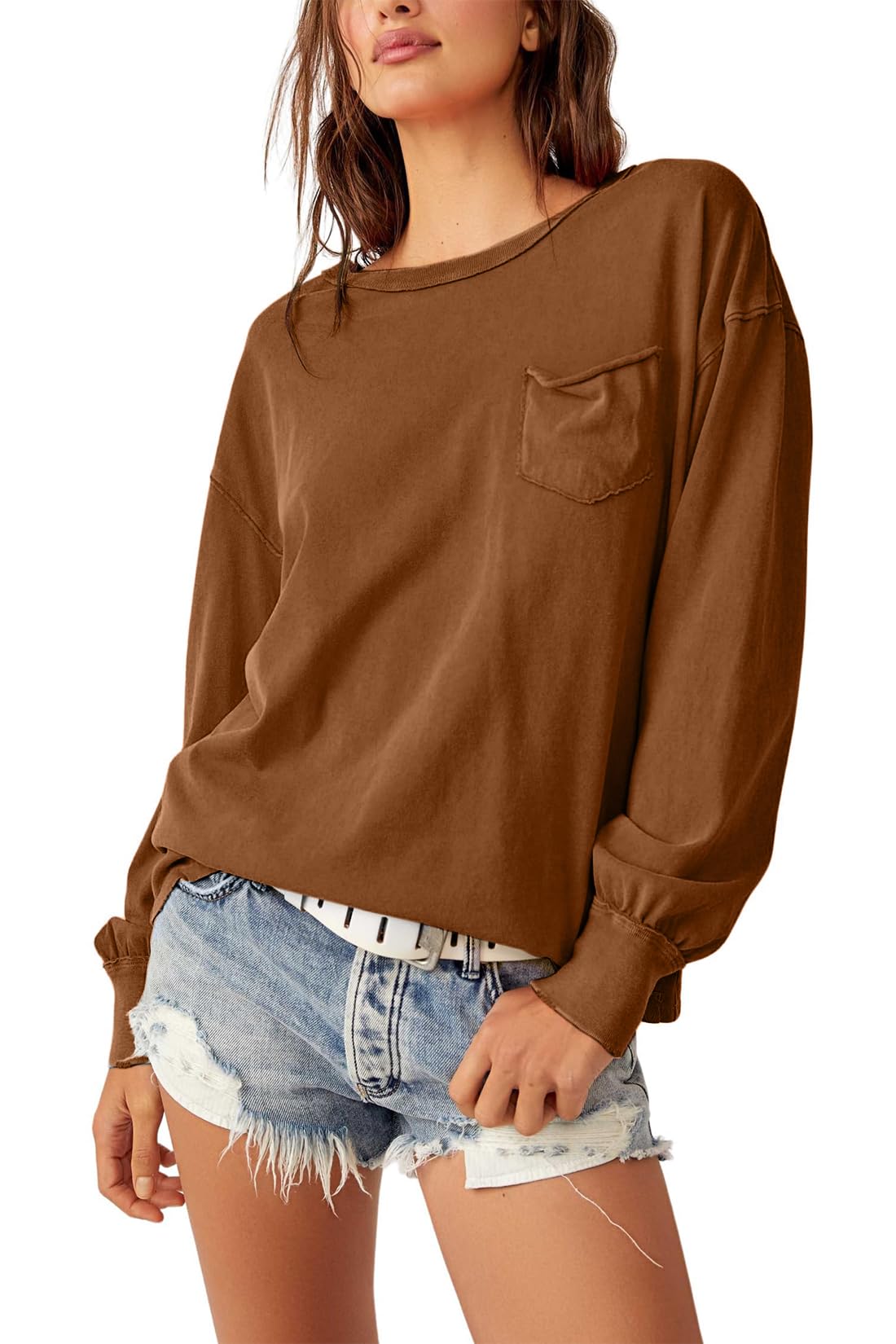 Photo 1 of Allimy Womens Casual Fall Fashion 2025 Long Sleeve Tops Tunic Tops Pullover Crewneck Sweatshirts Active Pocket Tee Shirts Clothes for Women Teen Girls Trendy Loose Fit Distressed Tshirts Brown US 4 6