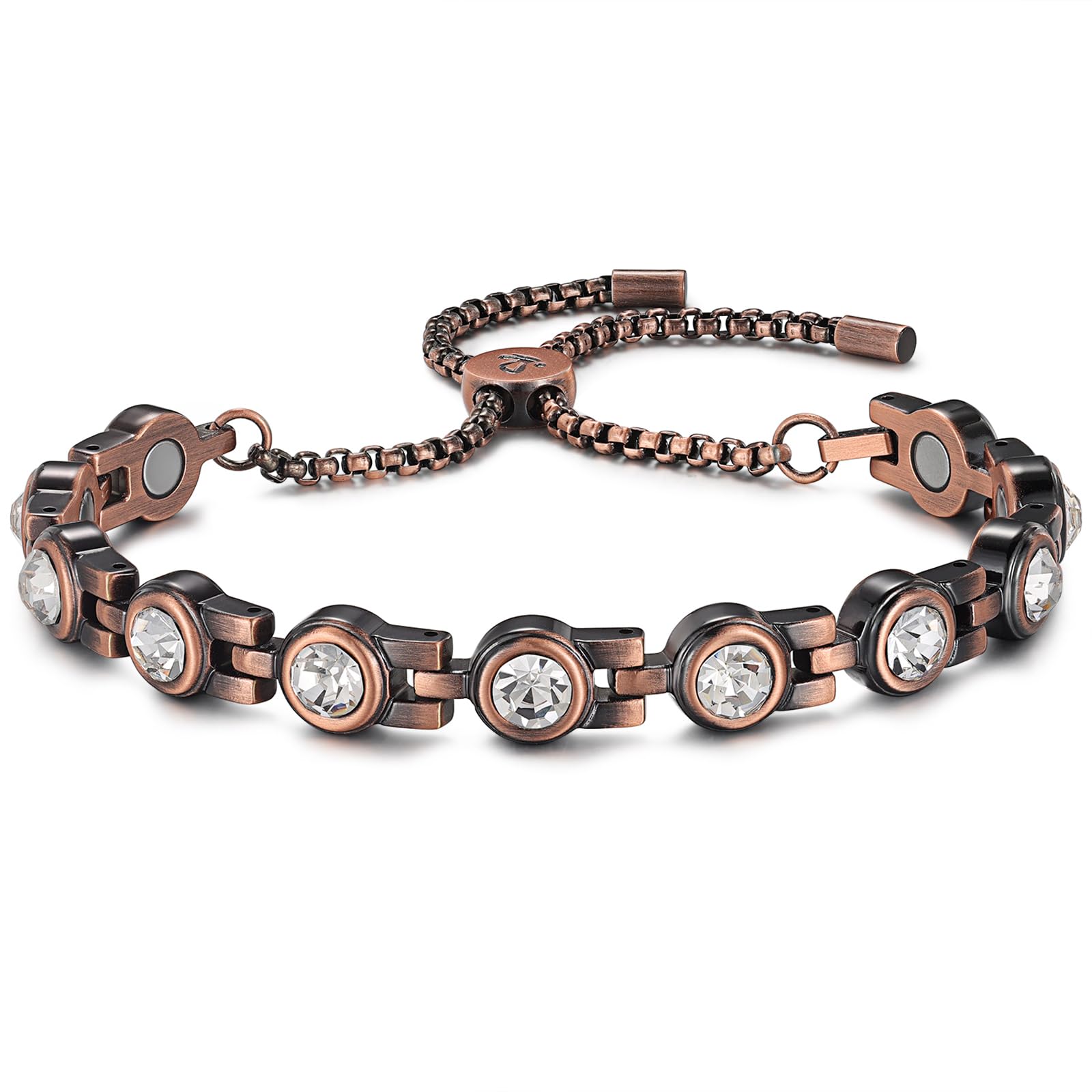 RainSo Women Pure Copper Magnetic Bracelets, Copper Bracelets for Women Adjustable Design with Display Box(White Crystal)