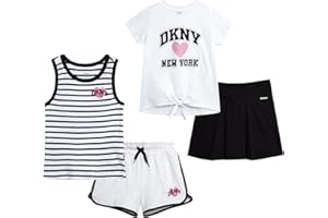 DKNY Girls Short Sets - 4 Piece Short Sleeve Shirt, Athletic Tank Top, Dolphin Shorts and Tennis Skirt Clothing Set for Girls