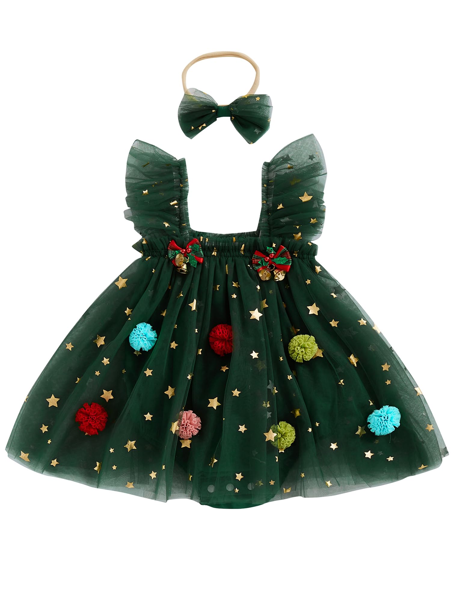 Infant Toddler Baby Girl Christmas Dresses Christmas Tree Costume Princess Sleeveless Tutu Dresses Xmas Clothes (Romper Dress Green, 12-18 Months)
