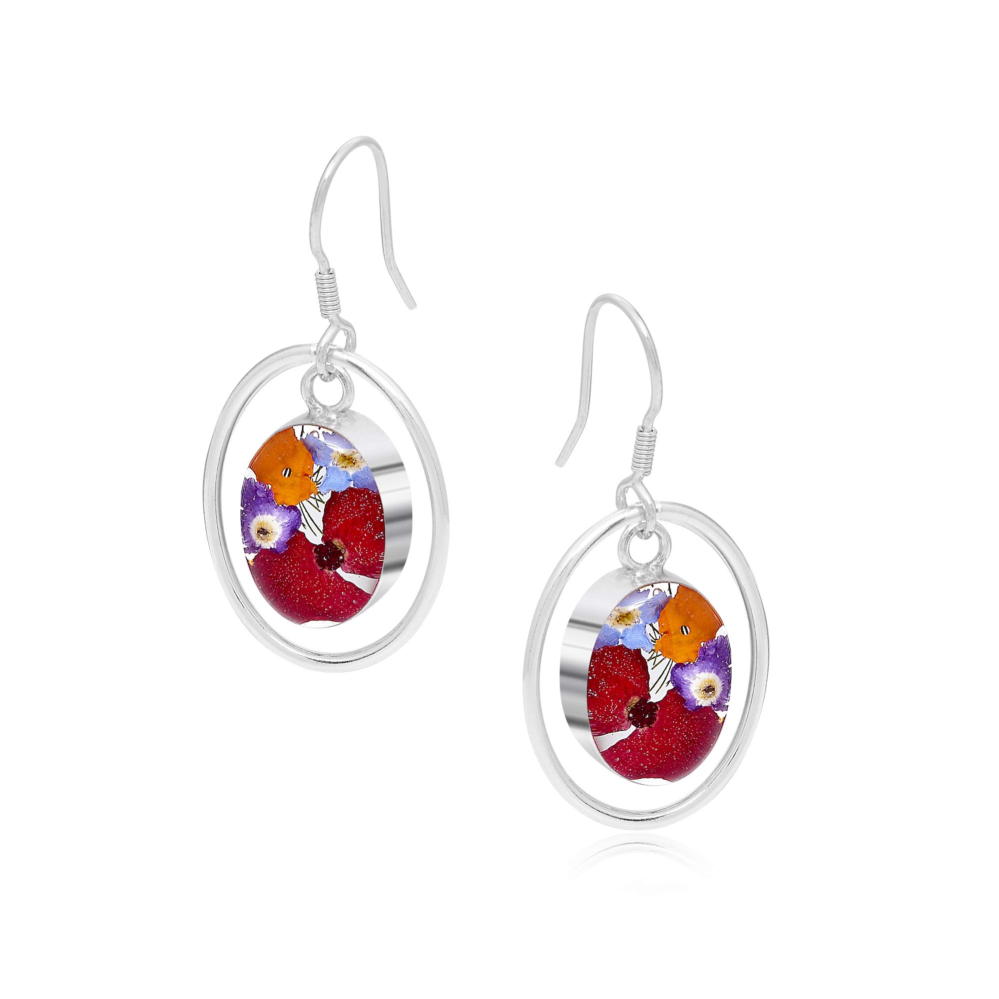 Shrieking Violet 925 Sterling Silver Oval Hoop Real Flower Drop Earrings - Assorted Flowers (Multicolour)